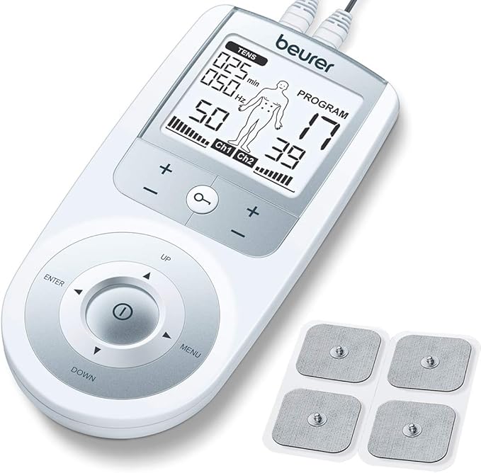 Beurer EM44 TENS Unit Muscle Stimulator with 50 Intensity Levels for Muscle Pain Relief, Muscle Stimulator Includes 4 Electrode TENS Pads, Belt Clip, and Batteries with Tens Machine BeurerNorthAmerica