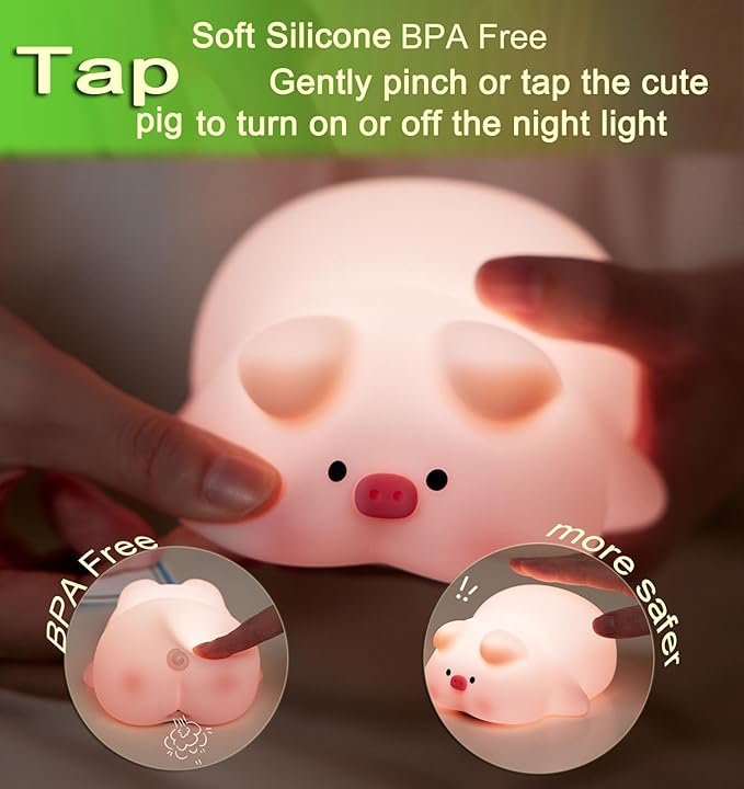 Cute Pig Lamp, Fun Lying Flat Pig Night Light, LED Squishy Animal Novelty Lamp, Light up Duck for Kids Great Gift, 3 Level Dimmable Nursery Nightlight Rechargeable Bedside Touch Lamp (Pig Lamp) - Bloomnest