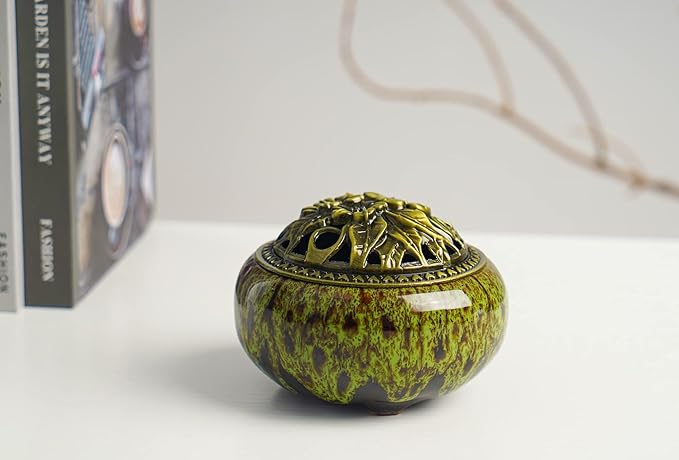 Incense Burner with Calabash Incense Stick Holder - Porcelain Charcoal Censer for Use with Resin Granular Powder Cone or Coil Incense (Kiln-Colored Green) - Bloomnest