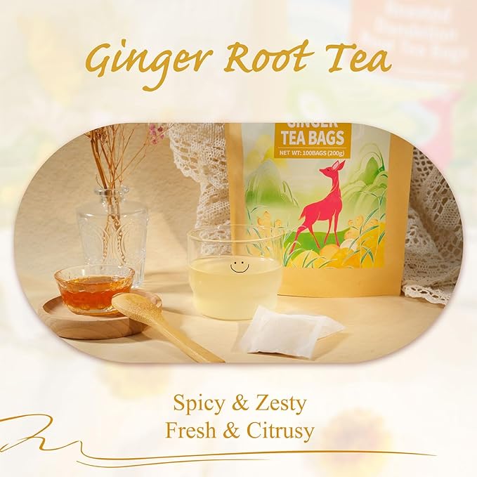WT WEETEE Ginger Tea Bags, 100 Count Pure Ginger Root Tea, Warm & Spicy, Natural Caffeine Free Herbal Tea, No Spices & Flavors - Bloomnest