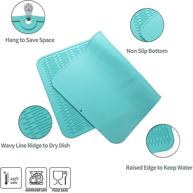 Silicone Dish Drying Mat for Multiple Usage,Easy clean,Eco-friendly,Heat-resistant Silicone Mat for Kitchen Counter or Sink,Refrigerator or Drawer Liner Mint 4XL 32 inches x 18 inches - Bloomnest
