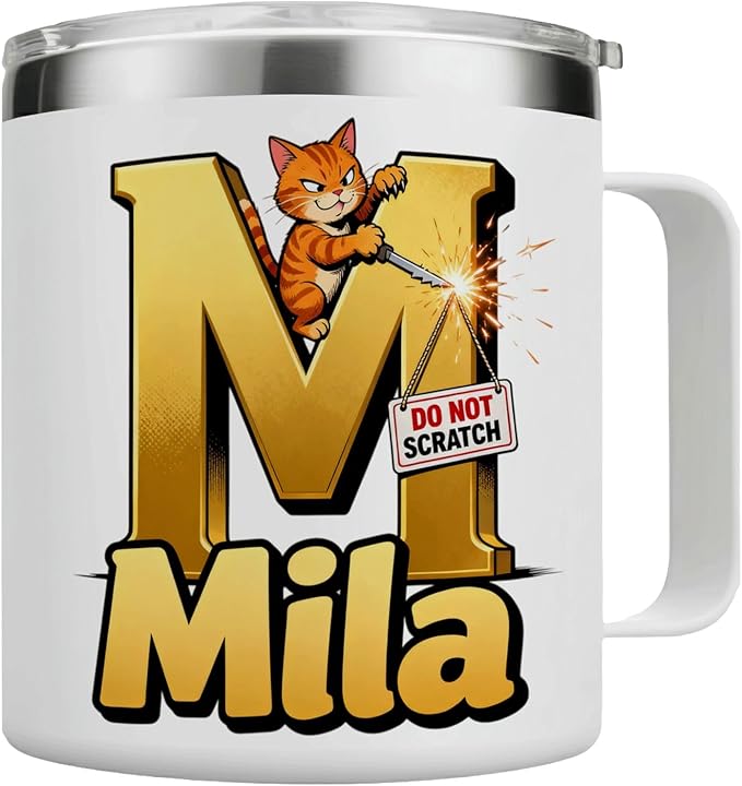 JugJug Personalized Funny Cat Mug with Initial & Name - Naughty 12oz Insulated Coffee Cup w/Lid - Sarcastic Gifts for Cat Lovers, Girls, Women (B172) - Bloomnest