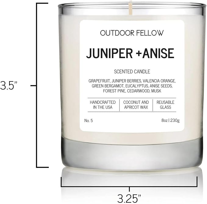 Outdoor Fellow Juniper + Anise Scented Candle, 8oz, Coconut & Apricot Wax Blend, Juniper Berry, Zesty Grapefruit, Citrus Peel, Reusable Glass, 40-50 Hour Burn Time - Bloomnest
