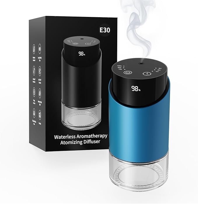Waterless Essential Oil Diffuser Aromatherapy Scent Diffusers for Home Large Room, Car, Office, Desk, Mini Battery Operated Cordless Air Freshener, 4 Timers & 3 Mist Levels, 100ml Capacity (Blue) - Bloomnest