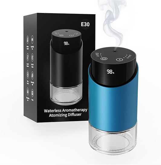 Waterless Essential Oil Diffuser Aromatherapy Scent Diffusers for Home Large Room, Car, Office, Desk, Mini Battery Operated Cordless Air Freshener, 4 Timers & 3 Mist Levels, 100ml Capacity (Blue) - Bloomnest
