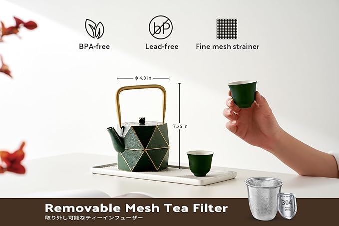 Toptier Cast Iron Teapot, Stovetop Safe Japanese Cast Iron Tea Kettle, Diamond Design Tea Pot with Removable Infuser for Loose Tea, 30 Ounce (900 ml), Dark Green - Bloomnest