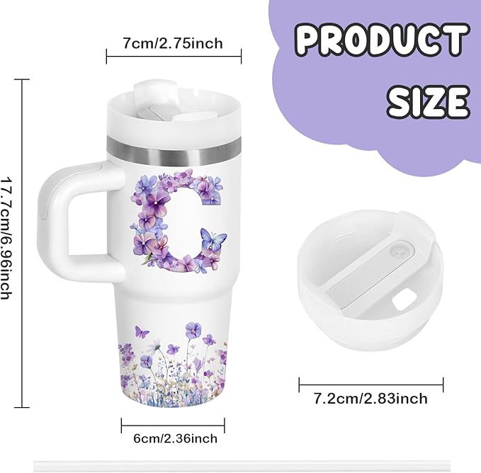 Letter C Tumbler Gifts, 14oz Letter C Themed Tumbler with Handle and Straw, Stainless Steel Double Wall Vacuum Insulated Cup Keep Hot Cold - 14oz Travel Mug with Lid Tumblers for Home Work Outdoor Use - Bloomnest