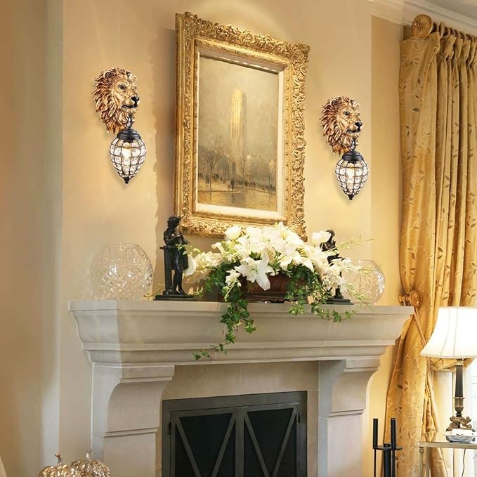 Wall Sconces Set of Two, Vintage Gold Wall Lights Resin Lion Head Design with Crystal Beaded Shade, Animal Decor Wall Lamp Farmhouse Black Sconce Wall Lighting for Living Room Hallway Stairway - Bloomnest