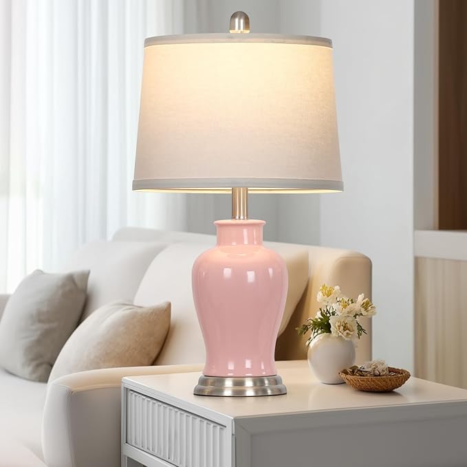 23" Pink Ceramic Table Lamps for Living Room, Modern Ceramic Lamps with Ginger Jar Design, Cute Bedside Lamp Set of 2, Elegant Bedroom Lamp for Nightstand Dining Room Side End Table Homedecor - Bloomnest