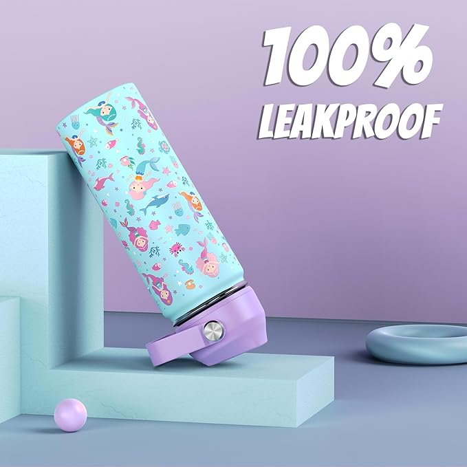 18oz Kids Insulated Water Bottle with Straw Lid - 18/8 Stainless Steel Kid Cup Travel Tumbler Double Wall Vacuum Leak Proof Portable Toddler Water Bottle (Butterfly+Mermaid） - Bloomnest
