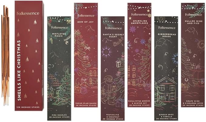 Folkulture Incense Sticks with Holder for Gift | Set of 6 (120) Organic Non Toxic Incense Sticks Christmas - Vanilla, Plum, Pine, Eucalyptus Insense for Gifts for Women
