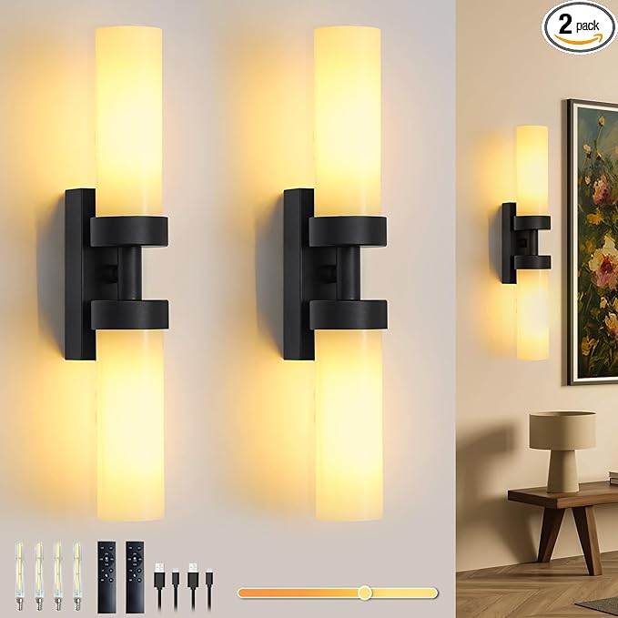 Rechargeable Wall Sconces Set of Two with Remote, Black Battery Operated Wall Sconce with Milky Glass, Sconces Wall Decor Set of 2 Wall Light Fixtures for Bedroom Bathroom Mirror Living Room - Bloomnest