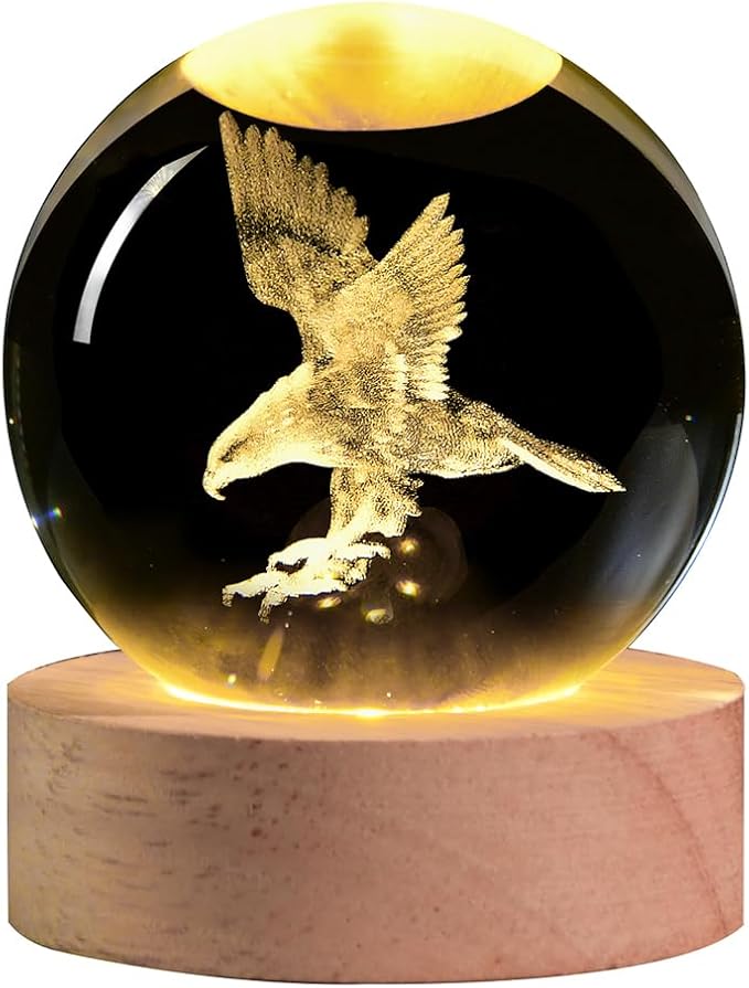 3D Laser Engraved Eagle Crystal Ball, Animal Figurine Decor Glass Sphere Lamp Night Light, Eagle Statue Gifts for Men Women Kids - Bloomnest
