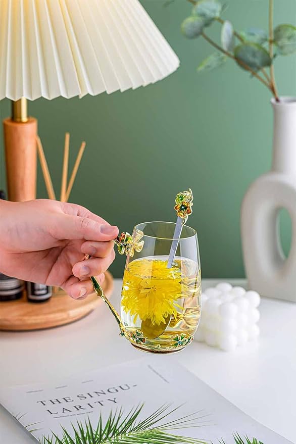 Luka Tech four-leaf clover flower Glass Coffee Mugs Tea Cup with Spoon, Unique Gifts For Women Wife Mom Friends Birthday Mothers Valentines Day Christmas (Green) - Bloomnest