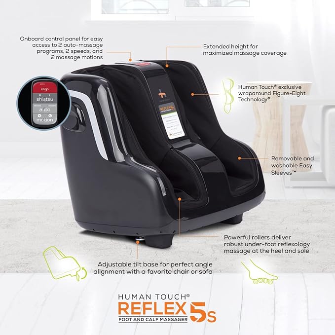 Human Touch Reflex5s Foot & Calf Massager for Stress & Plantar Fasciitis Relief+Relaxation +Kneading & Compression for Circulation Support -1 Year Warranty - Adjustable Fit for Women & Men Size 12 - Bloomnest