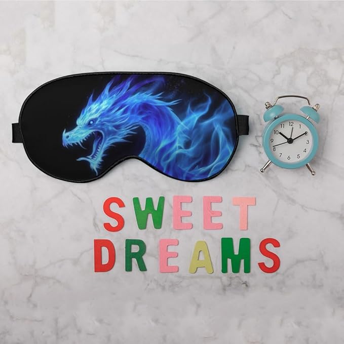 Fiery Dragon Sleep Eye Mask Blue Dragon Black Silk Eye Mask Sleeping Soft Eye Shade Cover for Men Women Boy Girl Airplane Travel with Elastic Strap - Bloomnest