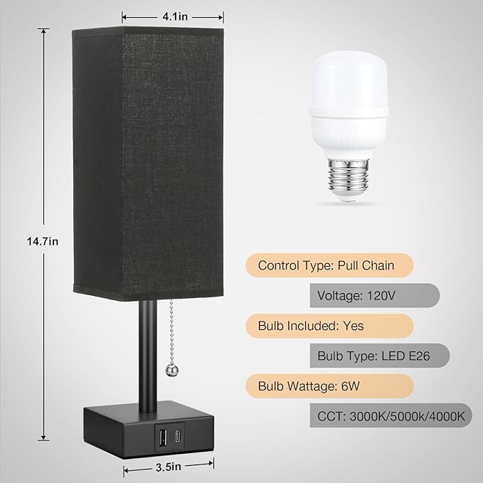 Black Small Table Lamp for Bedroom - 3 Color Temperature 3000K 5000K 4000K Bedside Lamp, Pull Chain Control, USB A and C Charging Ports, Black Base, for Kids Office Dorm Nightstand, Bulb Included - Bloomnest