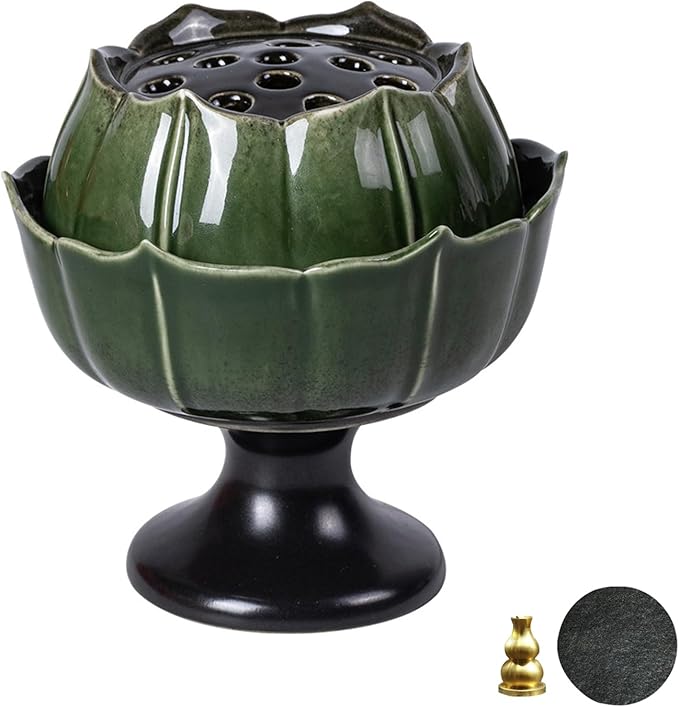 Ceramic Incense Holder with Lid,Lotus Incense Cone Holder for Coil Incense and Powder Incense,Mediation Gift,Home Decor (Deep Green) - Bloomnest