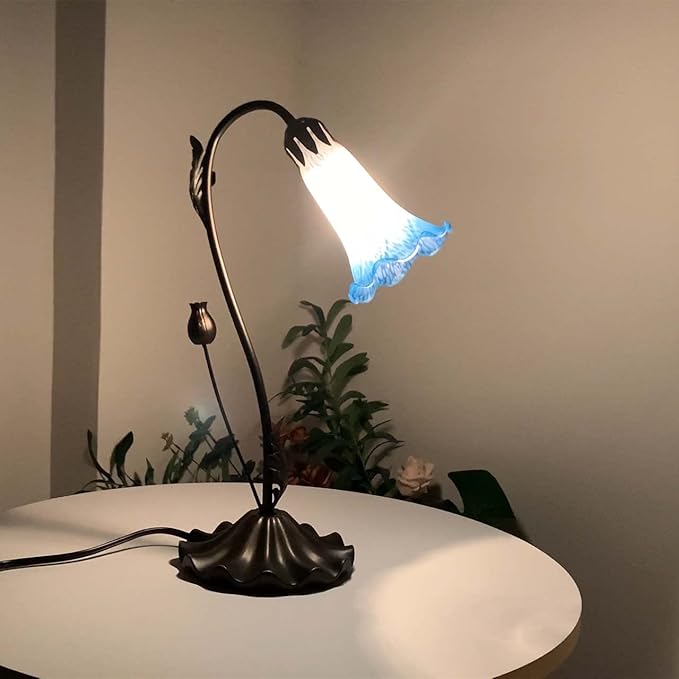 Bieye L10852 Lily Flower Blown Glass Accent Table Lamp for Living Room Bedroom Decoration (1-Light, Blue) - Bloomnest