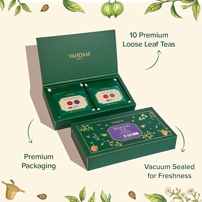 VAHDAM, Assorted Darjeeling Tea Sampler (10 Flavors, 50 Servings) Gluten Free, Non GMO - Darjeeling First Flush & Second Flush | Loose Leaf Tea Sample - Bloomnest