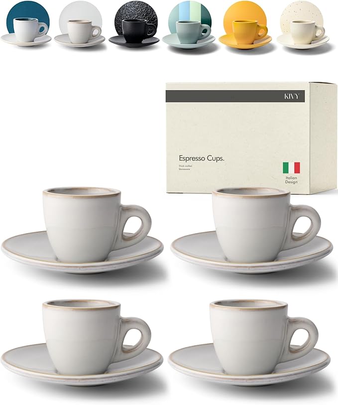 KIVY 3 oz Espresso cups set of 4 - Thick walled stoneware espresso cup set - Italian style espresso cups and saucers - Demitasse cups set of 4 - Small coffee mugs - Demitasse cups and saucers sets - Bloomnest