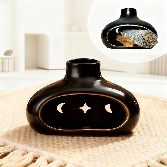 Ceramic Incense Holder Set-Handcrafted Palo Santo&Sage Cone Burner with Holes, Smudge Bowl for Meditation&Yoga-Palo Santo Holder Burner with Brush&Tweezer-Home Decor for Relaxation, Black - Bloomnest