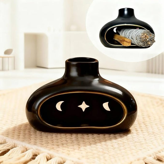Ceramic Incense Holder Set-Handcrafted Palo Santo&Sage Cone Burner with Holes, Smudge Bowl for Meditation&Yoga-Palo Santo Holder Burner with Brush&Tweezer-Home Decor for Relaxation, Black - Bloomnest