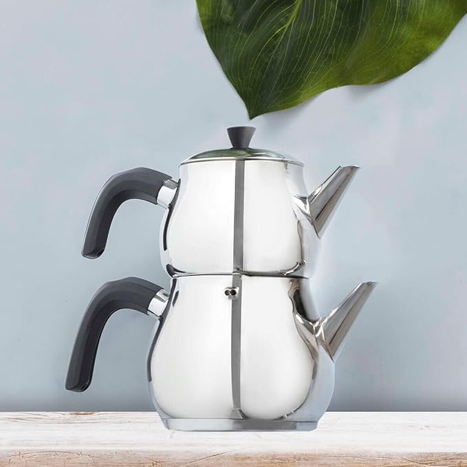 Karaca Kayra Teapot Set, Stainless Steel, Tea Pot 33 oz, Kettle 59 oz, Black Silver, Suitable for Induction, Tea Maker, Kettle, Turkish Tea Kettle - Bloomnest