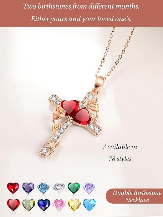 Rose Gold Dual Birthstones Cross Necklace for Women Rose Flower Jewelry Anniversary Christmas Mother's Valentine's Day Birthday Gift for Wife Girlfriend Mom - Bloomnest