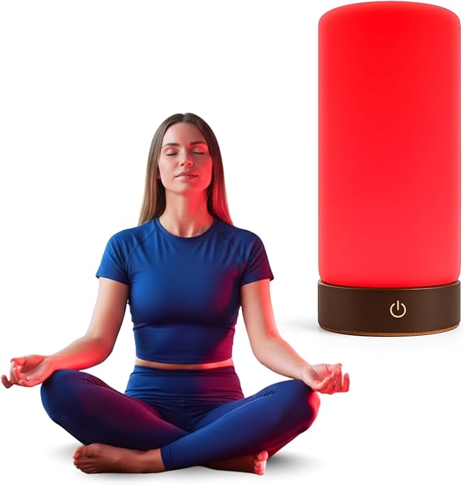 Rubi Red Light Therapy Lamp – 670nm Wavelength for Natural Sleep, Relaxation & Wellness | Adjustable Brightness for Bedroom Light | Elegant Glass & Wood Design | One-Touch Lamp Switch - Bloomnest