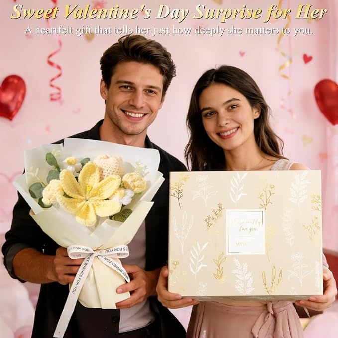 Valentine's Day Birthday Gifts for Women Self Care Package Get Well Soon Gift Baskets, Thinking of You Sympathy Spa Gift Set w/ Crochet Flower Bouquet, Unique Gifts for Women Her Wife Girlfriend Mom