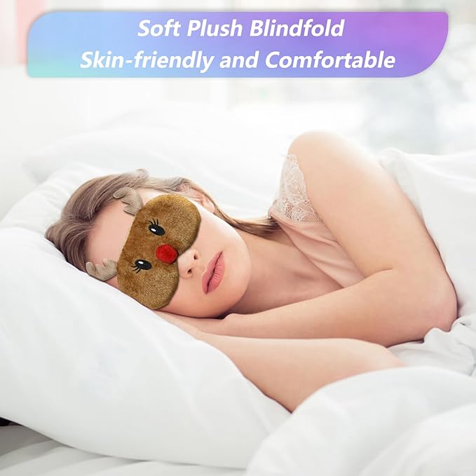 Cute Animal Sleeping Mask Sleep Mask, Christmas Reindeer Soft Plush Eye Masks for Travel Nap Funny Rudolph Blindfold Eye Cover Eyeshade for Adult Teens Men Women - Reindeer, Brown - Bloomnest