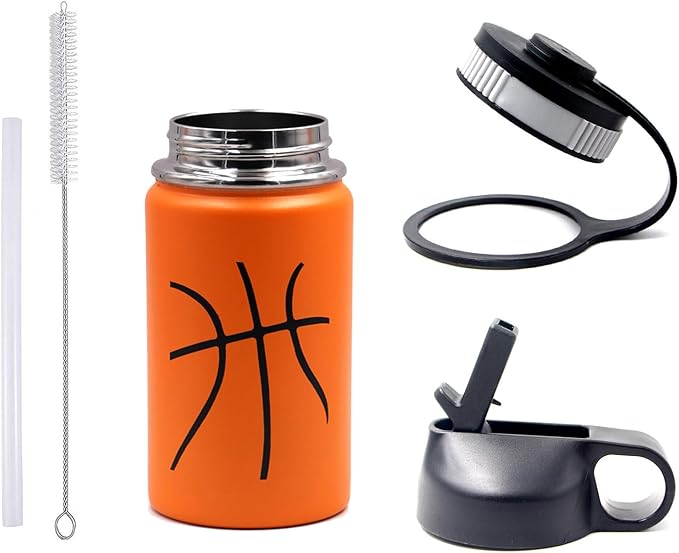 12 oz Basketball Water Bottle, Sports Flask Metal Travel Tumbler with 2 Lids, Stainless Steel Double Wall Vacuum Insulated Thermo Water Bottles, Basketball Accessories Stuff Gifts for Mom Boys Girls - Bloomnest