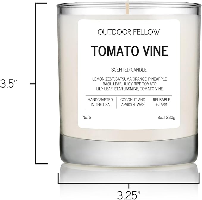 Outdoor Fellow Tomato Vine Scented Candle – 8oz Coconut Wax Blend – Strong Scent Throw – Inspired by Backyard Tomato Plants – Luxury Tomato Leaf Candle in Reusable Glass Jar - Bloomnest