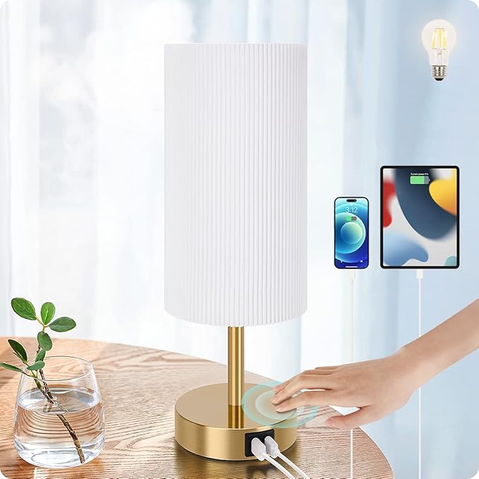 Bedside Lamp with USB port - Touch Control Table Lamp for Bedroom Wood 3 Way Dimmable Nightstand Lamp with Round Pleated Shade for Living Room, Dorm, Home Office (LED Bulb Included) (Pleated) - Bloomnest