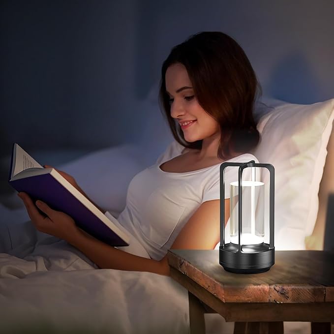 Portable Table Lamp for Outdoor Indoor: Cordless Rechargeable Desk Lamp with 3 Color Stepless Dimmable - Metal Battery Operated Small Lantern Light for Restaurant/Bedroom/Bar/Coffee Shop/Camping - Bloomnest