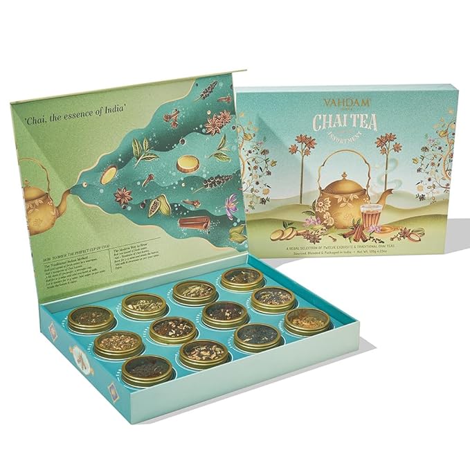 VAHDAM, Chai Tea Gift Set (12 varieties, 60+ servings) Chai Loose Leaf Tea in Tin Caddy Gift Box | Exotic Chai Tea Blends | Gluten Free, Non GMO | Valentines Day Gifts for Him & Her - Bloomnest