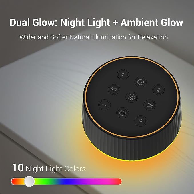 BGOVERSS White Sound Machine with 26 Soothing Sounds, 10 Colors Night Light Noise Machine for Adults Baby Kids, Sleep Machines with 6 Timers Portable Plug for Baby, Adults, Home Office Travel, Black - Bloomnest