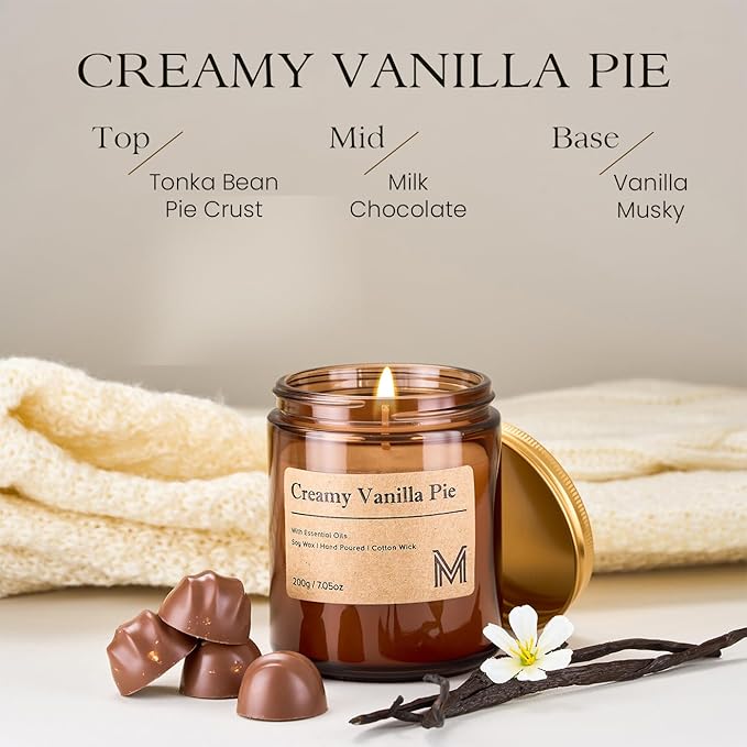 M&SENSE Creamy Vanilla Pie Candles for Home Scented Aromatherapy Candle Gift Set for Women and Men,7.05oz Soy Wax Long Lasting Amber Jar Candles Gift for Birthday Housewarming Mother's Valentine Day - Bloomnest