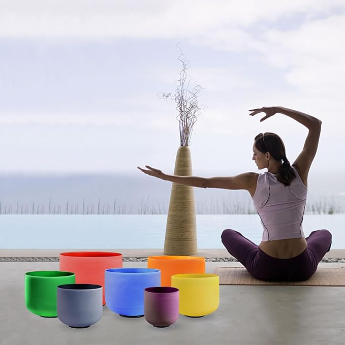 KRESEC 432Hz 6-12 Inch Crystal Singing Bowls Set of 7 – Multicolored Quartz Chakra Tuned Sound Healing Bowls for Meditation, Yoga & Reiki with Padded Cases, Suede Mallets & Silicone O-Rings - Bloomnest