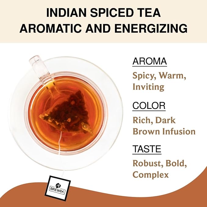 BREWIX, Masala Chai Tea Bags (25 Pyramid Tea Bags) Strong, Robust & Spicy - Pure Ingredients | Black Tea, Cinnamon, Ginger, Black Pepper, Cardamom & Cloves, Packed in Resealable Ziplock Pouch - Bloomnest