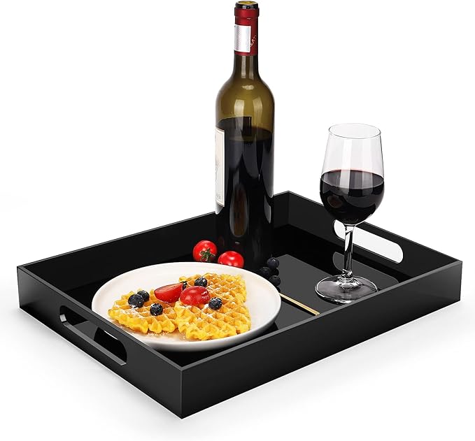 Acrylic Serving Trays with Handles, 16"x 12" Rectangle Sturdy Breakfast Tray, Black Decorative Trays Organiser for Bedroom, Kitchen, Living Room, Bathroom, Hospital and Outdoors - Bloomnest