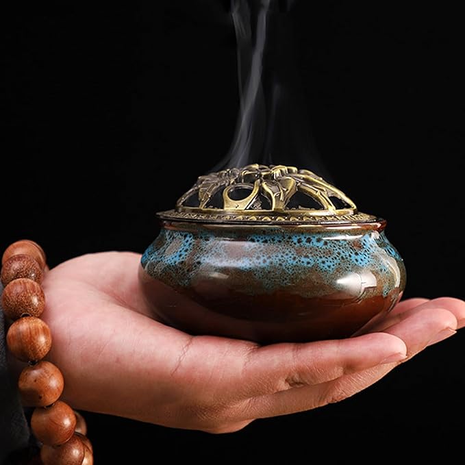 MrMrKura Ceramic Incense Burner with Lid, Incense Holder for Sticks Incense Cone Holder with Brass Incense Stick Holder for Yoga Meditation Home Decor (Fambe Blue) - Bloomnest