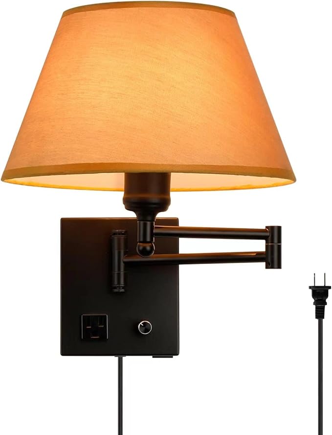 Swing Arm Wall Sconces, Plug-in Wall lamp,Bedroom Wall lamp ， White Fabric Shade with dimmable Switch and USB Charging Port,Suitable for Bedside,Living Room,Reading (Black. Gold Shadow) - Bloomnest