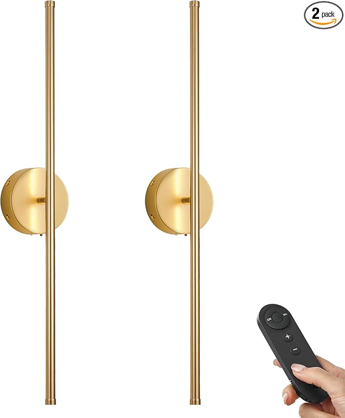 Battery Operated Wall Sconces with Remote Control, Dimmable Wall Sconces Set of Two, 350°Rotate, 3000K LED Gold Wireless Wall Light for Living Room, Bedroom, Hallway, 28.3 Inch (2 Pack) - Bloomnest