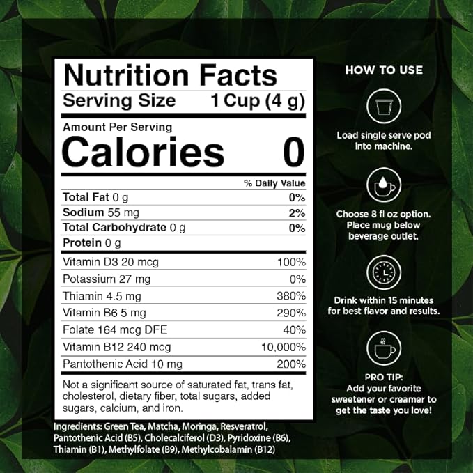 VitaCup Green Tea Pods, Enhance Energy & Detox with Matcha, Moringa, B Vitamins, D3, Keto, Paleo, Vegan, Recyclable Single Serve Pod, Compatible with Keurig K-Cup Brewers,64 Ct - Bloomnest