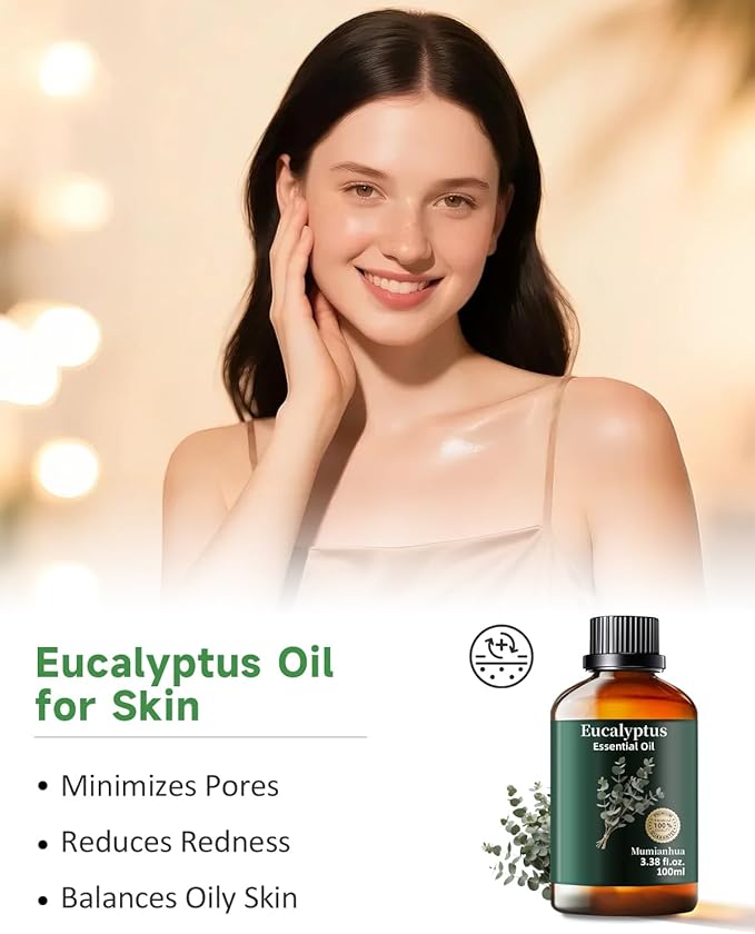 Pure Eucalyptus Essential Oil, Mumianhua Natural Eucalyptus Oil for Diffuser, Face, Skin, Aromatherapy, Hair, Scalp and Body Massage,Spray Candle Making, Outdoor Freshness, Invigorating Air 3.38 Fl Oz - Bloomnest