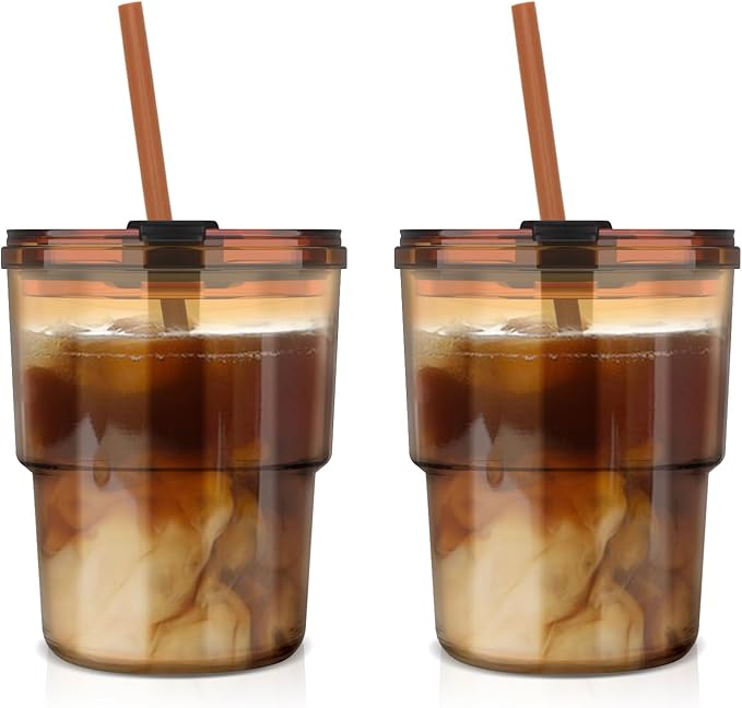 13oz Glass Tumbler with Straw and Lid，Reusable Iced Coffee, Tea, Smoothie, and Water Cup, Sealed Carry-On Glass Cups for Travel and Outdoor Use (Amber 2 Pack, 2 Pack) - Bloomnest