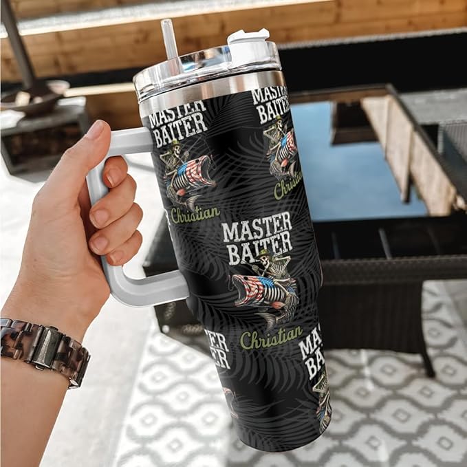 Funny Fishing Dad Tumbler with Handle and Straw, Custom Fisherman Gift with Pirate Fish Design, Personalized Present for Father Who’s a Bait Master - Bloomnest