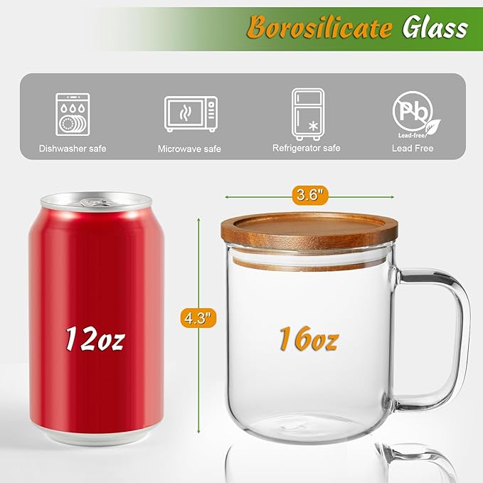 DRASTAR Glass Coffee Cups, 16 oz Coffee Mugs, Flat Bottomed Cups with Acacia Wood Lid, Glass Tea Cup with Handle, Clear Tea Cup Set of 2 - Bloomnest